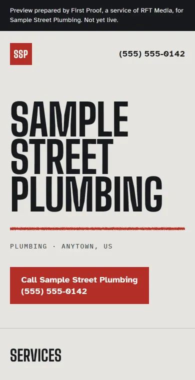A preview website for Sample Street Plumbing on a phone screen: the business name in large type, a call button with its phone number, and its list of services.